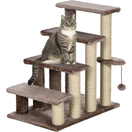 PawHut 3-Step Pet Stairs with Scratching Posts, Ball, Dog Stairs, Pet Stairs for Cats up to 5 kg, Plush Jute, White, 45 x 40 x 48 cm (60L x 40W x 64H cm, Brown)