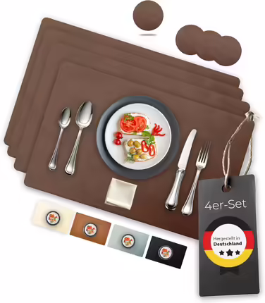 Washable Table Placemats - Set of 4 – Sustainable, Stable & Non-Slip – High-Quality Recycled Leather, Made in Germany (Dark Brown)