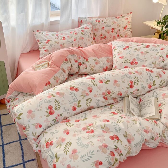 Блискуча постільна ковдра Bunt Blumen з бавовни 100x135 см, рожево-біле забарвлення, для дітей, з квітковим малюнком, комплект (ковдра + 1 подушка)