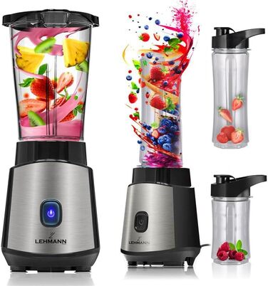 LEHMANN 1200W Stand Mixer & Smoothie Maker - Portable Blender with 2 Bottles (570ml & 400ml), Easy to Clean, 4-Blade System, Mini Blender for Juices, Shakes & Protein Shakes