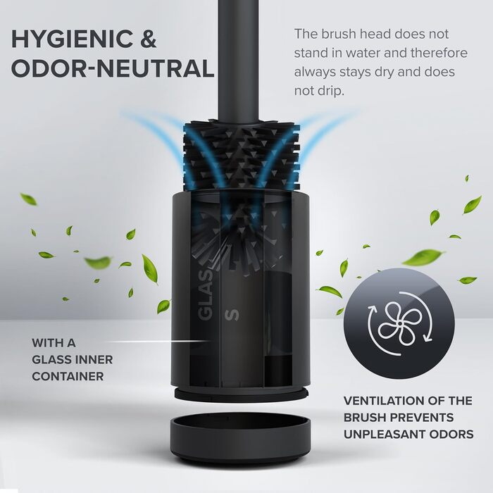 Торцева щітка для унітазу Arosund | Силіконова щітка для унітазу | З вентиляцією | Свободно стояча | Головка щітки для унітазу з нержавіючої сталі | З резервуаром для миючих засобів | Знімний піддон для крапель | Щітка для унітазу (Чорний)