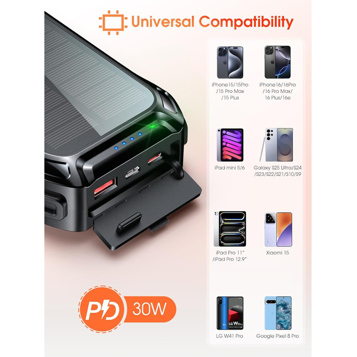 Портативний зарядний акумулятор 26800mAh з сонячною панеллю, 30W PD, 15W Wireless, 3 порти, ліхтарик, для телефонів та планшетів, чорний