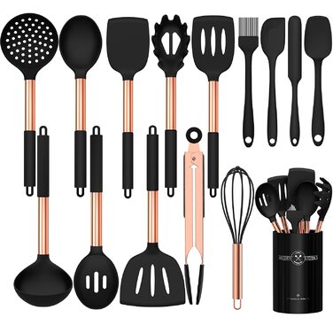 Набір кухонного приладдя Umite Chef, 15 предметів: силіконові, жаростійкі, антипригарні, без BPA, з нержавіючою сталевою ручкою (чорний)