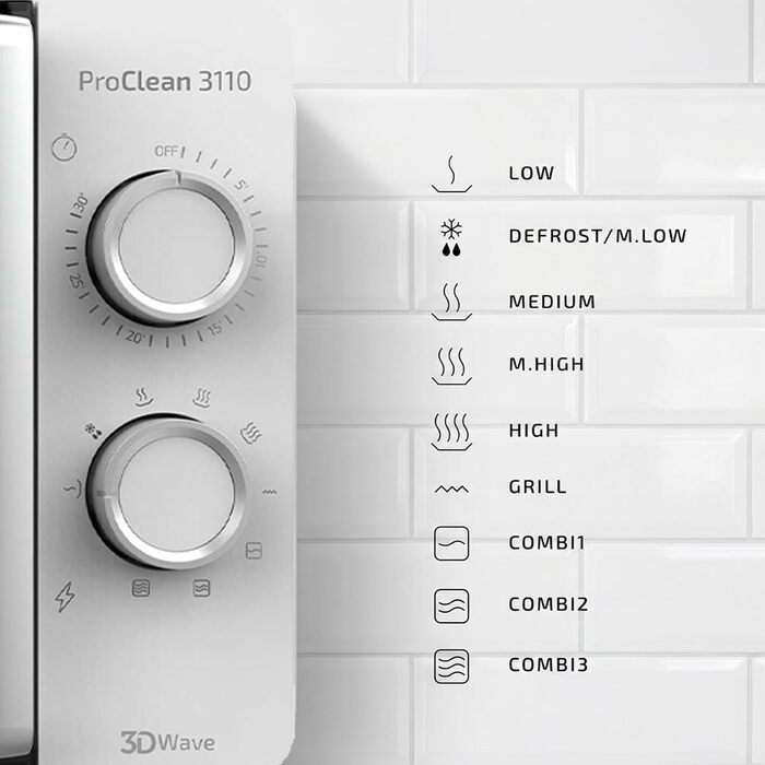 Мікрохвильова піч з грилем Cecotec Proclean 3110 Wave, 20 л, 700 Вт, біла з чорними дверцятами