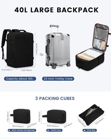 LOVEVOOK Рюкзак для ручної поклажі, 40L, валіза-рюкзак, для подорожей, з відділенням для ноутбука 17.3 дюймів, чоловічий/жіночий, темно-зелений