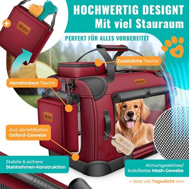 Транспортна переноска для собак та котів (XXL, Бордовий/Червоний) з мискою та плечовим ременем
