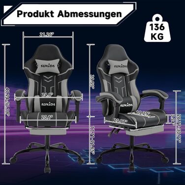 Ігрове крісло SUKIDA Ergonomic Gaming Chair з підставкою для ніг та підтримкою попереку, чорно-сіре