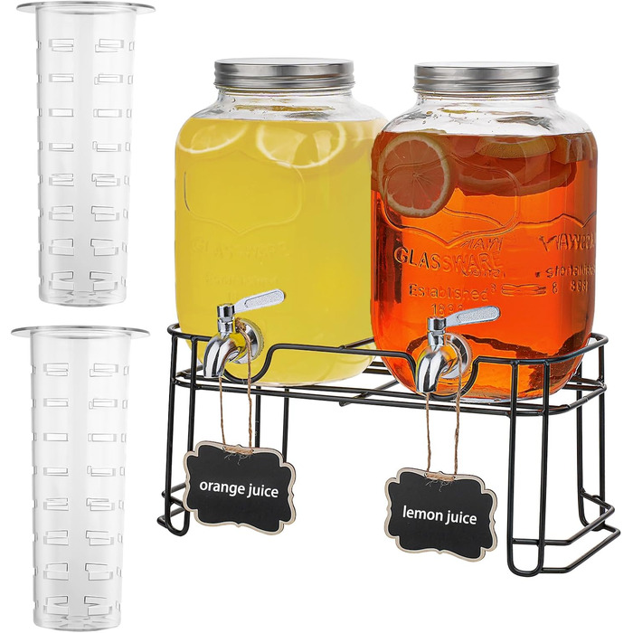 2 x 4L Glass Drink Dispensers with Stand, Drink Dispenser, Glass Water Juice Dispenser with Spout for Iced Juices, Water, Homemade Drinks, Parties, Weddings