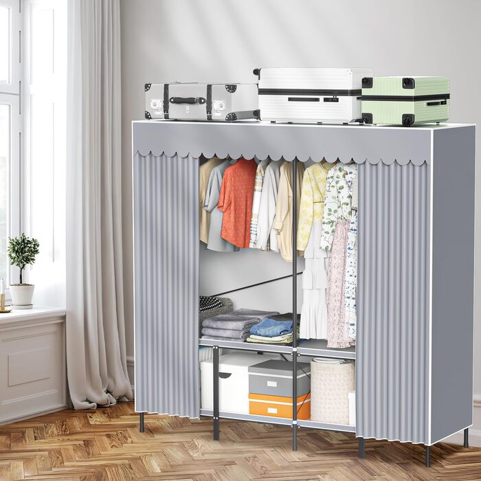 Wardrobe, Portable Shelving System, 20 Cube DIY Shelving System Wardrobe Open Plastic Closet with Doors Wardrobe Cabinet White 180 x 142 x 37CM (With Fabric Cover 158x170x48cm)