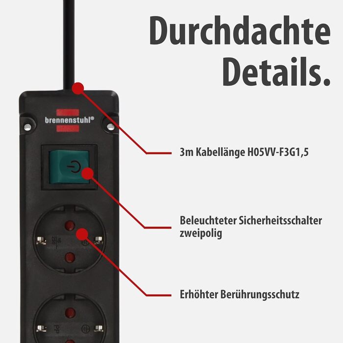 Смуга розеток Brennenstuhl Bremounta 5-fach з USB-C та вимикачем, чорна (для монтажу на стіну, 2x USB-C, 3м кабель)
