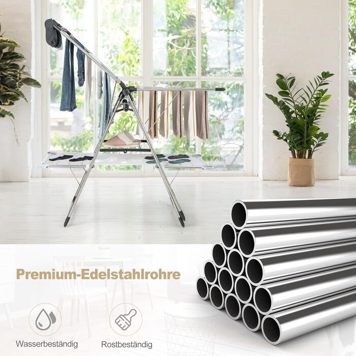 Сушарка для білизни COSTWAY розкладна, з висувними секціями, регульована по висоті з крилами та полицею для взуття, сушильний стійка-вежа для дому та вулиці (оновлена версія) з сітчастою тканиною