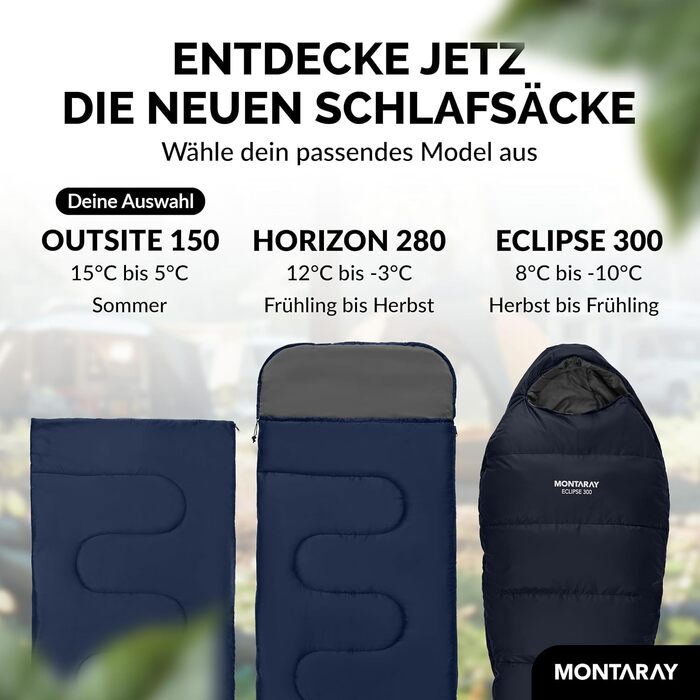 Montaray® Hooded Sleeping Bag -3°C - Outdoor Winter & Summer Sleeping Bag for Men & Women - 3-4 Season Hut Sleeping Bag (75 x 220 cm) - Blue, 150GSM