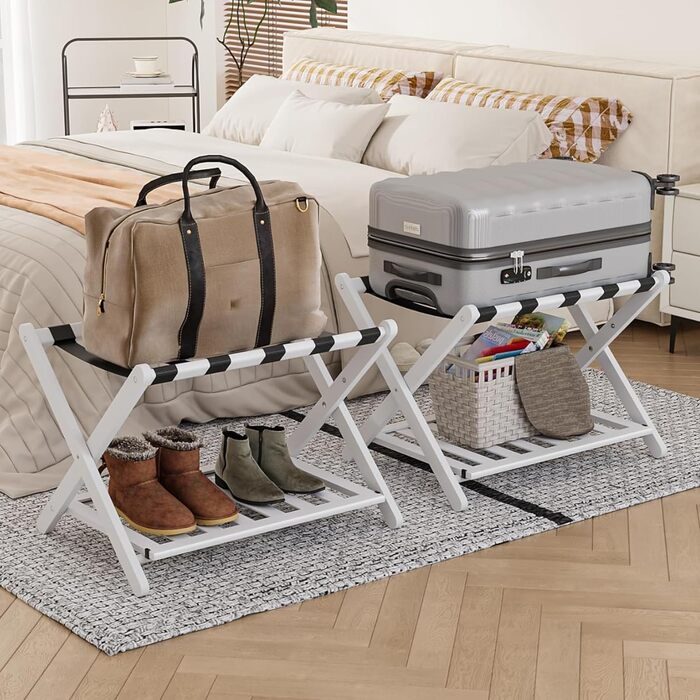 Fully assembled bamboo luggage rack with 5 straps, 2-tier foldable suitcase stand, wide wooden luggage rack, foldable luggage shelves, ideal for guest rooms, bedrooms, hotels, (100% solid bamboo)