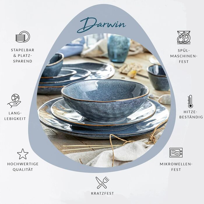 SÄNGER | Darwin 12-Piece Tableware Set, 4-Person Stoneware Dinnerware Set, Blue Plate Set including Dinner Plates, Dessert Plates & Deep Plates, Dining Utensils, Dinnerware Set Handmade | PREMIUM COLLECTION 12-Piece Tableware Set