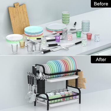 Сушарка для посуду Astoryou 2-ярусна, чорна, з підставкою для столових приборів, з нержавіючої сталі (42x23x41 см)