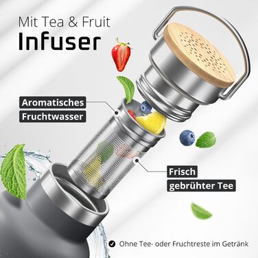 Фляга для води з нержавіючої сталі з трубочкою та інфузером, 3 кришки: без BPA, не протікає, підходить для газованої води - спортивна фляга, термофляга, ізотермос, дитяча фляга для чаю (530 мл, Cool Grey Bamboo)