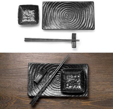 Набір посуду Юда Суші з кераміки, 8 предметів – японський посуд для 2 осіб (2 тарілки, соусники, палички та підставка) – високоякісна кераміка, підходить для мікрохвильової печі та мийки посуду – елегантний подарунок