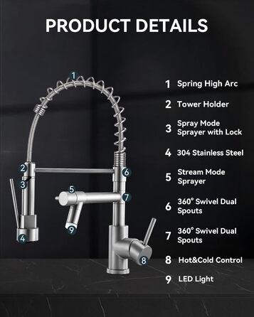 Сучасна кухонна змішувач Warmiehomy з LED-підсвічуванням, поворотний на 360°, з двома виливами, високий вигин, спіральна пружина, для мийки, з нержавіючої сталі, брашований нікель