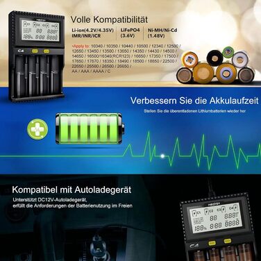 Зарядний пристрій для акумуляторів 18650 з 4 слотами, LCD-дисплеєм, для Li-Ion, LiFePO4, NI-MH, NI-Cd, AA, AAA, C, 18350, 18500, 18700, 20700, 21700, 26650, RCR123