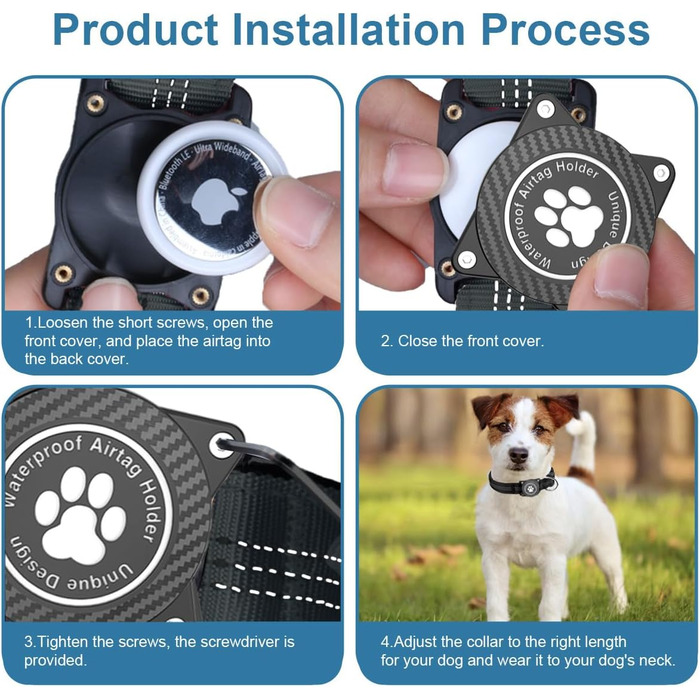 Світловідбиваючий нашийник для Apple AirTag для собак, регульований, водонепроникний, чорний, L (37.5-51.5 см)
