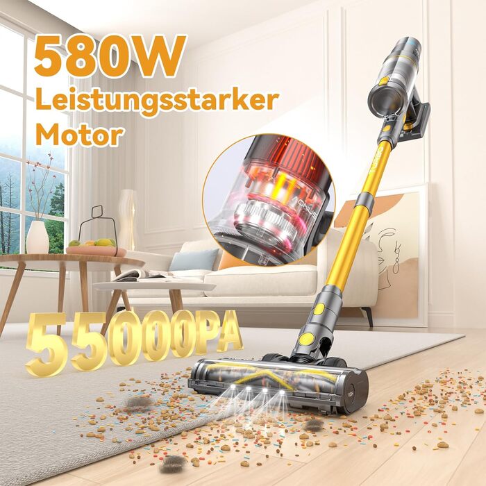 Бездротовий пилосос Aonus 55Kpa 580W з дисплеєм, час роботи до 75 хв, автоматичний режим, для килимів, шерсті тварин та твердих поверхонь, золотий