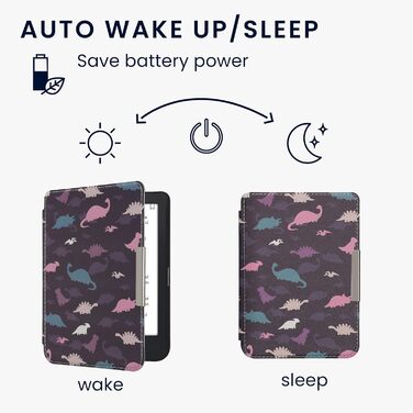 Чохол-книжка kwmobile для Kobo Clara 2E / Tolino Shine 4 - з візерунком єгипетських ієрогліфів, золото-чорний (різнобарвні динозаври, фіолетовий, жовтий, блакитний)