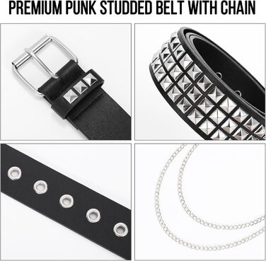 Чоловічий/Жіночий шкіряний ремінь WERFORU з пряжками у стилі панк-рок, металеві пряжки, для джинсів та штанів, розмір 90-100 см (C-чорний+ланцюжок, для розміру талії 68-80 см)