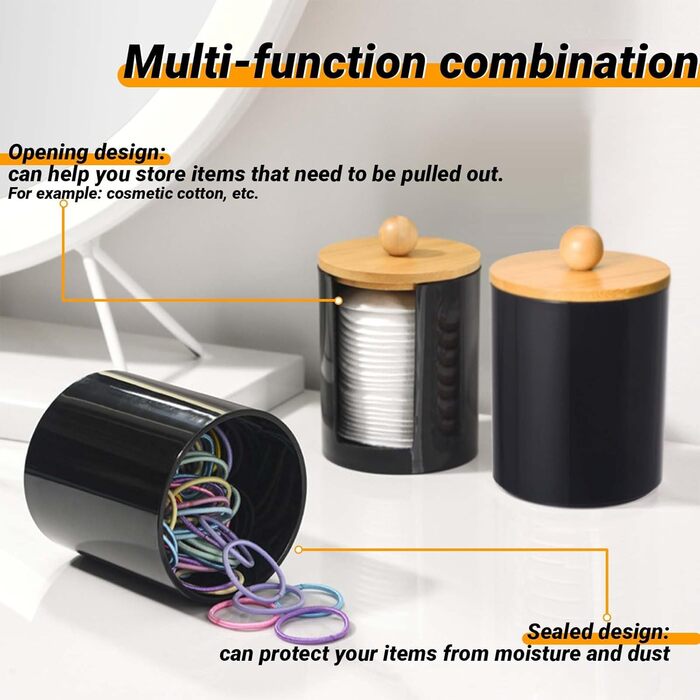 Диспенсер для ватних паличок та ватних дисків, чорний, 3 шт. - органайзер для ватного диска, бамбук, акрил