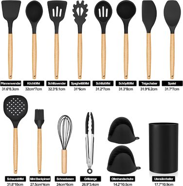Набір кухонних аксесуарів Homikit 15 предметів з чорного силікону та дерев'яними ручками. Кухонний аксесуар, стійкий до високих температур, легко миється. З підставкою для аксесуарів.