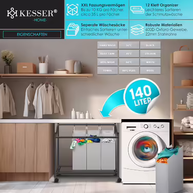 Кошик для білизни KESSER з 4 знімними тканинними мішками, 4 секції по 35 л, на колесах з гальмом, сортувальник білизни, сірий
