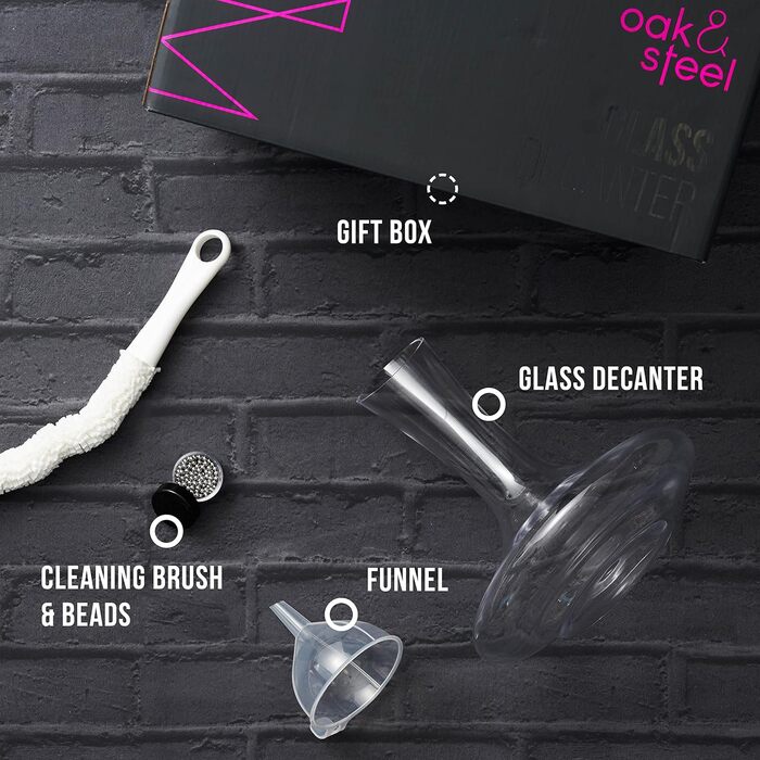 Oak & Steel - Premium Wine Decanter & Aerator Gift Set with Accessories (Large, 1.8L) - Stable & High-Quality Crystal Glass Wine Carafe - Maximum Wine Aeration