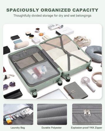 Набір валіз Sea Choice 5-ти частинний з ABS-пластику, твердий корпус, тріумф у подорожах, велика місткість, ручна поклажа, 4 колеса, TSA-замок, містить 1 сумку та 1 косметичку, колір: м'ятно-зелений