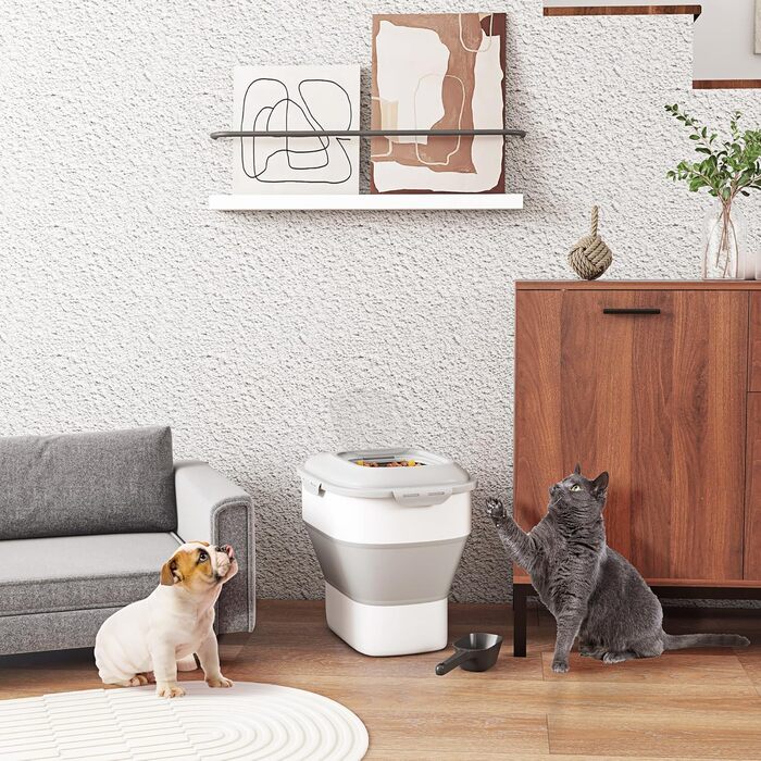Контейнер для корму PawHut для собак та котів, 25 л, складаний, з мірним стаканчиком, мискою та ложкою, на колесах, сірий