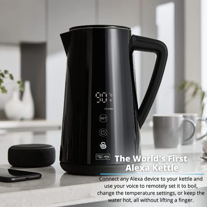 Чайник електричний Swan Alexa WIFI, 1.5L, з регулюванням температури, чорний, бездротовий, LED-touchscreen, підігрів, Cool Touch, ізольована сталева стінка, 1800W, SK14650BLKNEU (uk_Plug)