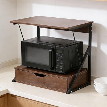 Поличка для мікрохвильової печі, кухонна поличка для стільниці, органайзер для мікрохвильової печі, тостера та аірфрая, багатофункціональна кухонна поличка для оптимізації простору (Дуб/3 яруси) (Дуб/Висувна поличка)