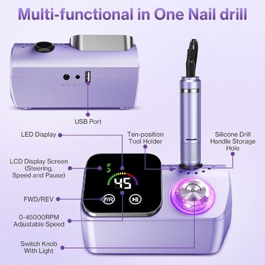 Електрична шліфувальна машинка для нігтів (нагельфрайзер) з LCD-дисплеєм, 45000 об/хв, професійний набір для манікюру та педикюру з мультифункціональною базою та сенсорним керуванням, фіолетовий