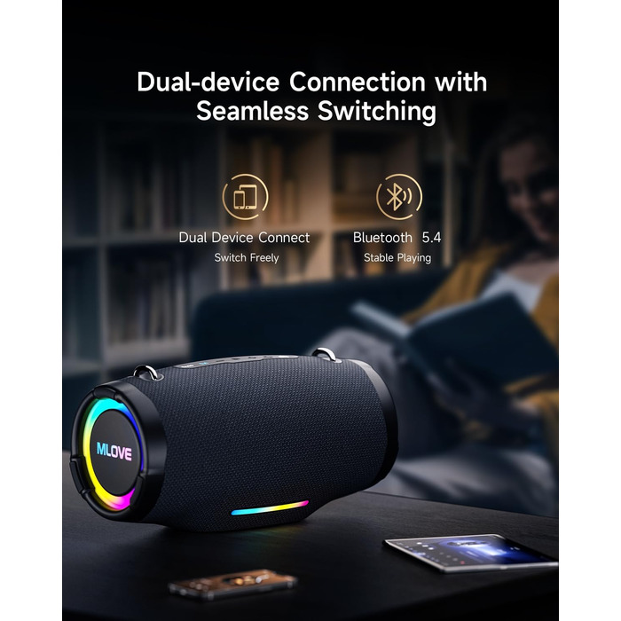 Портативна Bluetooth колонка MLOVE E90 80W з RGB підсвіткою, водонепроникна IP65, TWS, стереозвук для вечірок на природі