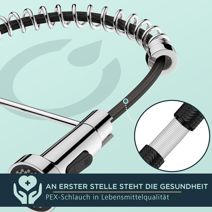 Змішувач кухонний FORIOUS висувний з душем, однорідний, 360° обертання, хром, з витяжкою