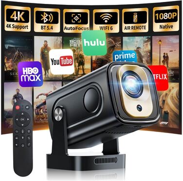 4K проєктор Beamer Full HD 1080P Android, портативний міні-проєктор з Wi-Fi 6 та Bluetooth 5.2, поворотний на 270°, для PC/HDMI/USB, з мишею та пультом, білий (чорний матовий)