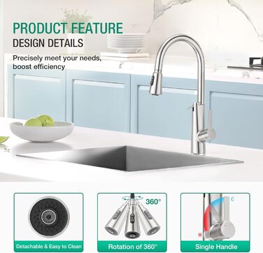 Кран кухонний CREA Wasserfall висувний з дозатором мила, нержавіюча сталь, 360° обертання, 4 режими, з душем