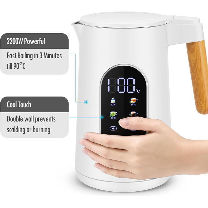 Електричний чайник ForMe з нержавіючої сталі 1.7L з регулюванням температури 40-100°C, LED дисплеєм, функцією підтримання тепла, BPA Free, білий