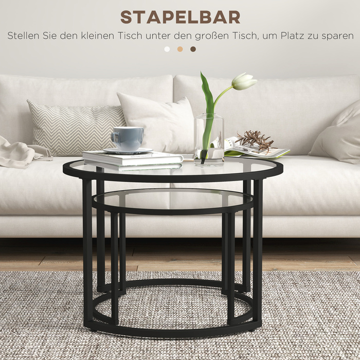 HOMCOM Set of 2 Side Tables with Black Steel Frame and Tempered Glass Tabletop, Partially Stackable for Living Room & Lounge