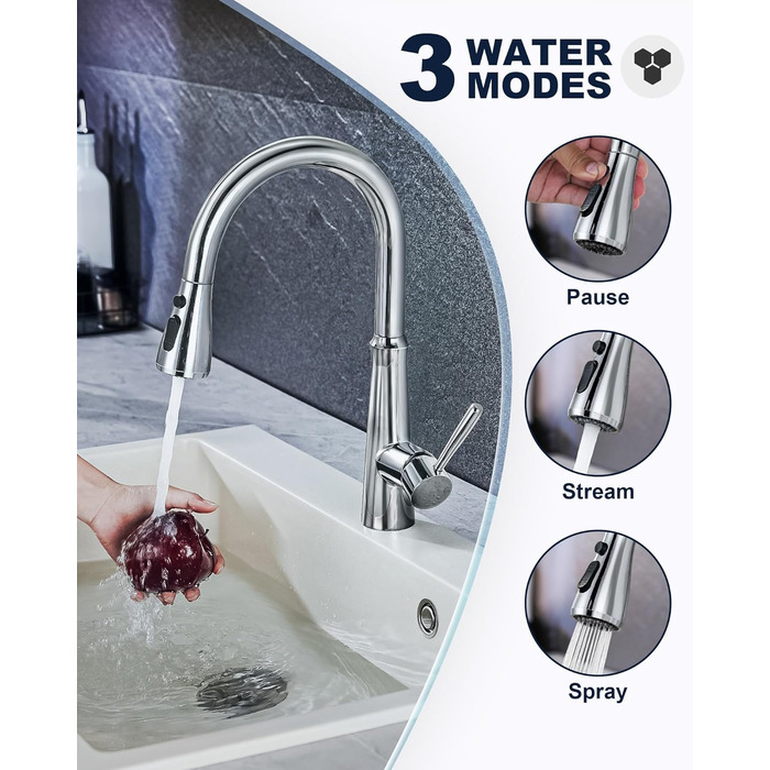 Змішувач кухонний iVIGA висувний з дощувачем, водоспад, 360° поворот, 3 режими, брашований нікель