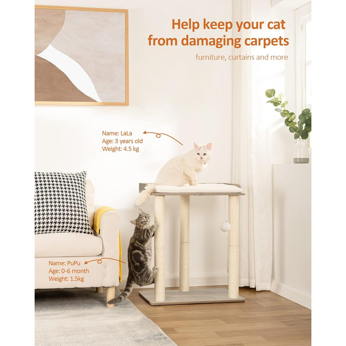Когтеточка для котів FourFurPets, 68 см, три стовпи з цільного сизалю 60 см, платформи 56×40 см, вінтажно-коричнева, грейж