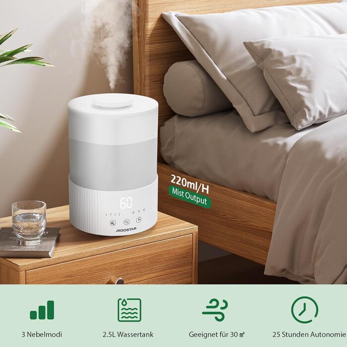 Зволожувач повітря Aigostar 2.5L з нічним світлом, 28dB, 3 режими, аромадифузор, для дитячої кімнати, рослин, немовлят