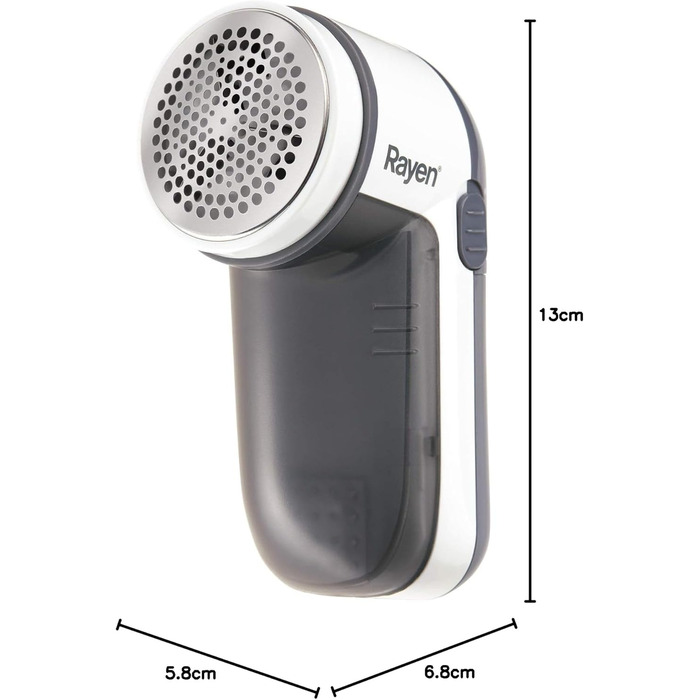 Електричний прибирач для одягу Rayen, білий/сірий, для всіх типів тканини, з батарейками, захисний ковпачок ABS, 13 x 6,8 x 5,8 см