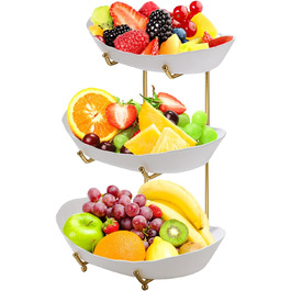 Стійка для фруктів та овочів JurciCat з 3 ярусами, золотий металевий каркас, білі пластикові миски