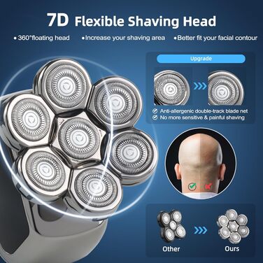 Електрична машинка для гоління голови Qhecomce 6-в-1, чоловіча, з 7 плаваючими головками, для сухого та вологого гоління, чорна