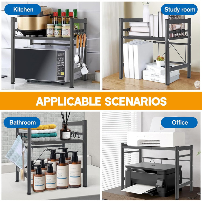 Підставка для мікрохвильової печі та кухонного обладнання з 6 гачками (сіра)