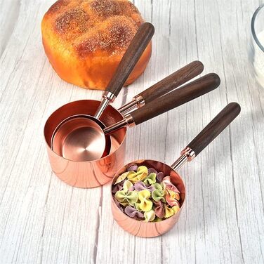 FBHappiness 4-Piece Stainless Steel Measuring Spoon Set with Walnut Handle, Copper Measuring Cup Set for Baking and Cooking